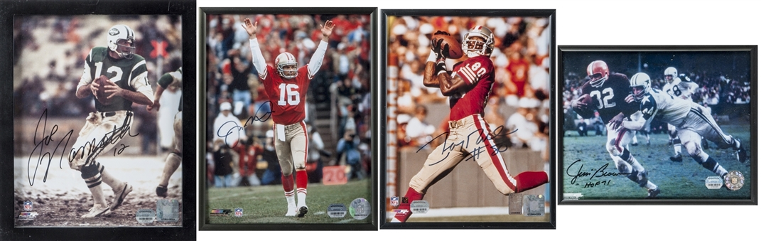 Lot of (4) NFL Hall of Fame Single Signed Framed Photos- Rice, Montana, Namath, and Brown (Mounted Memories)